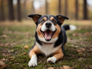 Naklejka na ściany i meble Happy dog portrait having fun outdoors