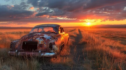 Bathed in the warm hues of the setting sun, they found beauty in the forgotten relics of a bygone era scattered along the roadside, each bearing the marks of time and travel. - obrazy, fototapety, plakaty