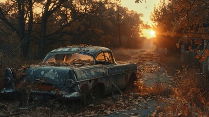Bathed in the warm hues of the setting sun, they found beauty in the forgotten relics of a bygone era scattered along the roadside, each bearing the marks of time and travel. - obrazy, fototapety, plakaty