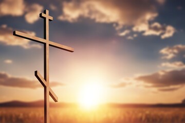 Christian wooden cross in sky background