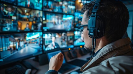 Obraz premium Over-the-shoulder view of a security professional analyzing live feed with face recognition technology on monitors