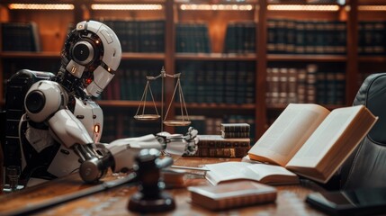 Fototapeta premium A legal consultation between a robot and a human, emphasizing AI law, ethics books and legal codes on the table