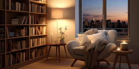 A cozy reading nook in a modern home, complete with a comfortable armchair, a built-in bookshelf filled with books, and soft lighting that creates a serene atmosphere, visualized in a realistic 3D. - obrazy, fototapety, plakaty