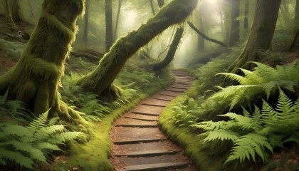 Enchanting Moss Covered Forest Path Winding Throu