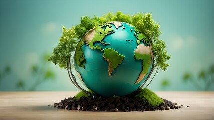 artistic collage of aquatic environment, ecosystem, and biodiversity in the form of a spherical, Earth Day Concept Globe With Moss in Forest Environment, Glass globe, earth day, global environment, 