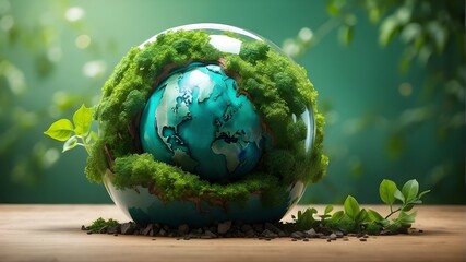 Obraz na płótnie Canvas artistic collage of aquatic environment, ecosystem, and biodiversity in the form of a spherical, Earth Day Concept Globe With Moss in Forest Environment, Glass globe, earth day, global environment, 