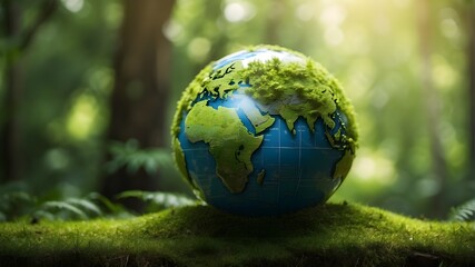 Obraz na płótnie Canvas artistic collage of aquatic environment, ecosystem, and biodiversity in the form of a spherical, Earth Day Concept Globe With Moss in Forest Environment, Glass globe, earth day, global environment, 