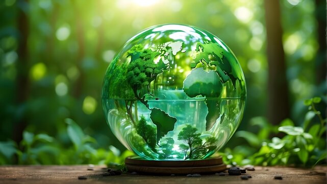 Globe Glass featuring water-saving symbols In the sunlight-filled green forest. day for the environment and day for water.the idea of environmental protection through clean, renewable energy and safeg