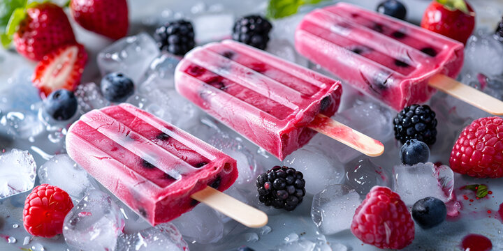 Fruit ice cream on a stick with blueberries strawberries blackberries Frozen berry paletas arranged in a flat lay with ice background.