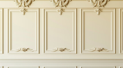 depicting an elegant wall with classical mouldings in photorealistic style, each panel with subtle carving and details.