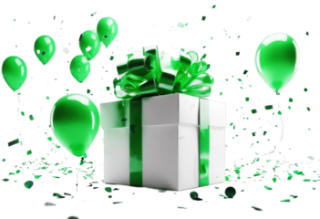 confetti white present 3d box rendering background. Gift balloons green isolated balloon brown background three-dimensional birthday day valentine woman banner
