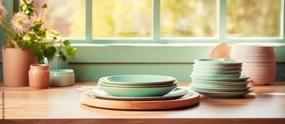 Aufkleber plates and bowls of various sizes and designs are displayed on a table in a close-up shot