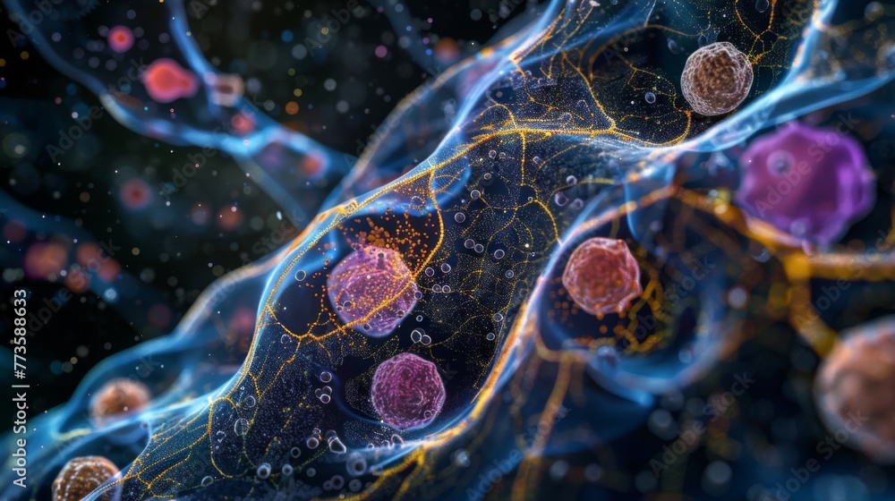 Poster A 3D reconstruction of a cells inner workings with mitochondria visualized as small round structures dispersed throughout the cells