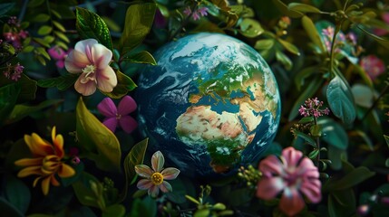 Planet Earth with Flourishing Flora Symbolizing Environmental Care