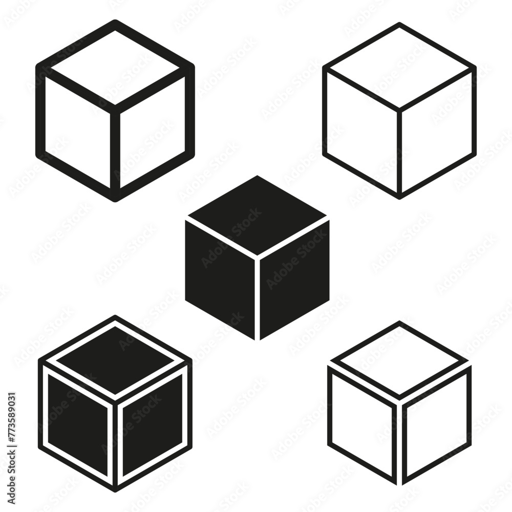 Poster 3d cubes icon set. geometric block symbols. abstract cube shapes. isometric elements collection. vec