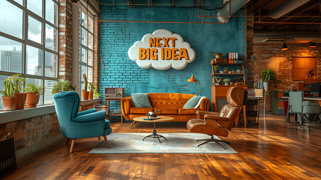 interior of a business office - sign shaped as a cloud with the words “NEXT BIG IDEA’. - creativity - future - thinking ahead - planning and preparing - evolving - growing 