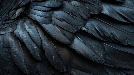 Raven black glossy bird feather - obrazy, fototapety, plakaty