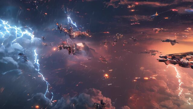 A dramatic aerial battle raging on. Numerous drones zipping through dark clouds illuminated by flashes of lightning. The drones intensely engaged with each other, laser beams piercing the sky. 