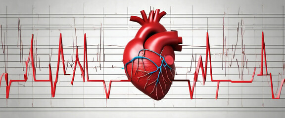 Human heart on ecg graph background. 3d - obrazy, fototapety, plakaty