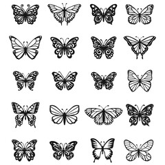 Cute spring insects with openwork wings, flying butterflies. Butterfly silhouettes. Winged insect, various details, beautiful moth, decorative wildlife elements Vector set - obrazy, fototapety, plakaty