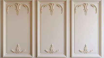 depicting an elegant wall with classical mouldings in photorealistic style, each panel with subtle carving and details.