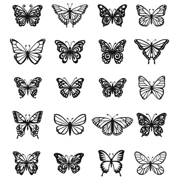 Cute spring insects with openwork wings, flying butterflies. Butterfly silhouettes. Winged insect, various details, beautiful moth, decorative wildlife elements Vector set