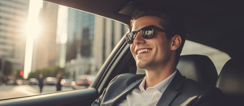 A relaxed man wearing sunglasses seated inside a car with a happy expression on his face
