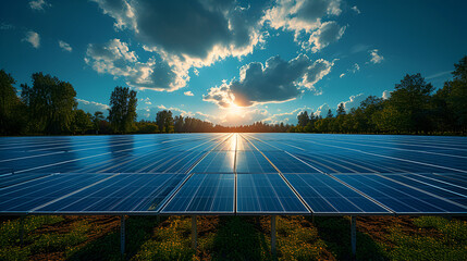 Solar panel farm - efficient energy - power supply - climate change - solar energy - sun - obrazy, fototapety, plakaty