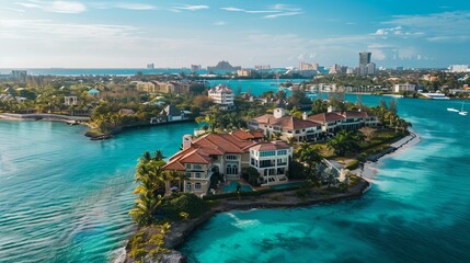 From Paradise Island, an aerial perspective showcases Harborside Villas along Nassau Harbour, with Nassau's cityscape in the distance, in the Bahamas - obrazy, fototapety, plakaty