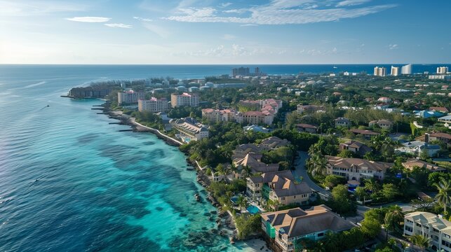 From Paradise Island, an aerial perspective showcases Harborside Villas along Nassau Harbour, with Nassau's cityscape in the distance, in the Bahamas