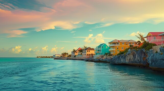 Nassau's coastline is adorned with colorful homes, presenting a picturesque view in the Bahamas