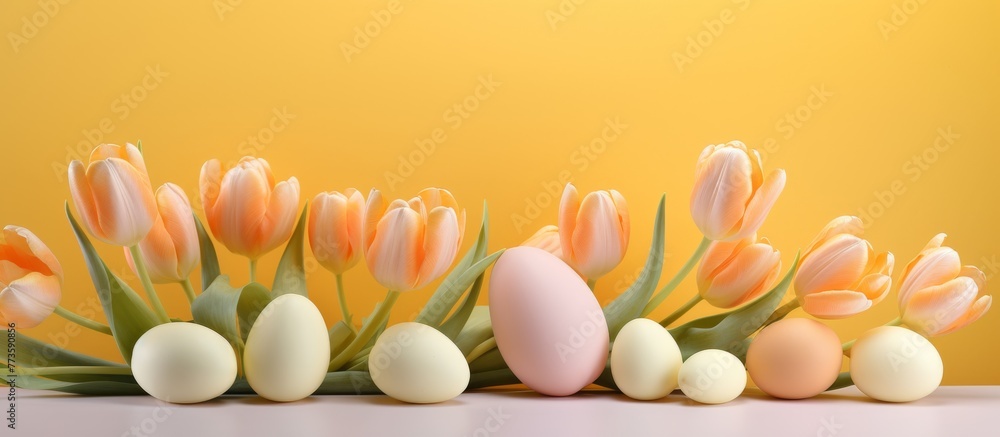 Poster a neat arrangement of multiple eggs and colorful tulips placed side by side on a flat surface