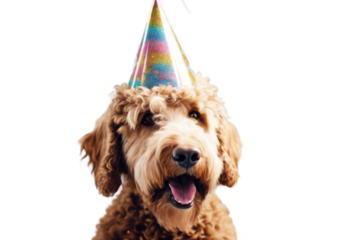 confetti confetti. A festive surrounded falling hat dog party wearing labradoodle celebration cute birthday fun pet canino small animal puppy decoration cheerful joy friendship