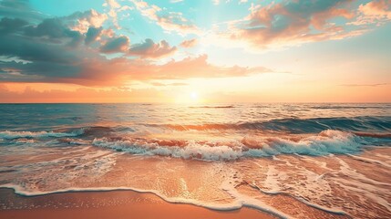 The concept of sea, sand, and sky is beautifully portrayed in sunset colors, embodying the inspirational nature of a tropical beach