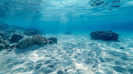 The tropical blue ocean of Hawaii is showcased with white sand and underwater stones, creating a...
