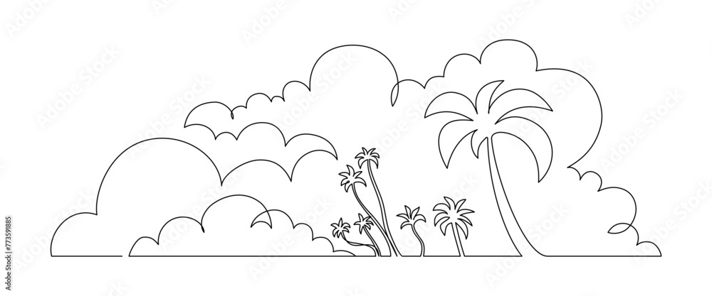 Fototapete one continuous line drawing of beach with palm tree. abstract tropical landscape with sea and clouds
