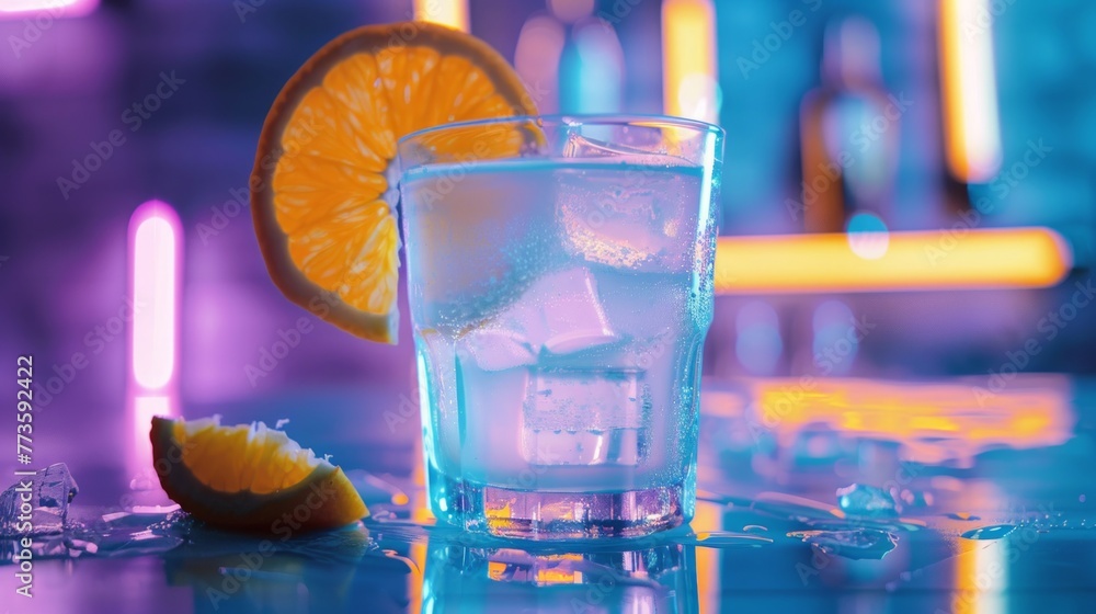 Poster a glass holding water with ice cubes and a slice of orange floating in it, creating a refreshing and