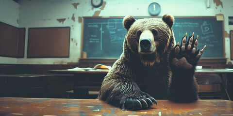 A bear at school raises its paw