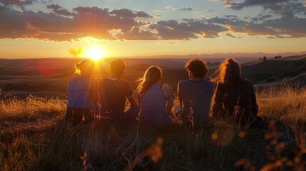 A group of friends sit on a grassy hill looking out at the last rays of the setting sun. They share a bittersweet moment reflecting . .