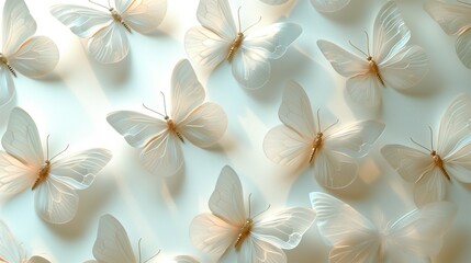 A serene collection of white butterflies with golden details arranged on a white background.