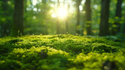 footage on the background of green moss and blurred sun glare moving symbols of environmental themes.