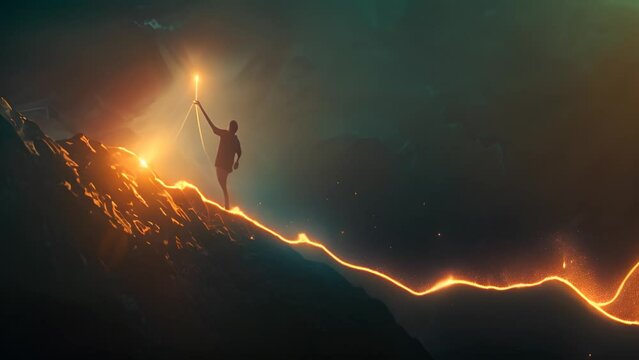 Silhouette of Person Casting Arrow of Light into Abyss with Ai generated.
