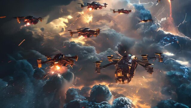 A dramatic aerial battle raging on. Numerous drones zipping through dark clouds illuminated by flashes of lightning. The drones intensely engaged with each other, laser beams piercing the sky. 