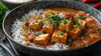Spicy Tofu Curry over Rice in a Bowl
