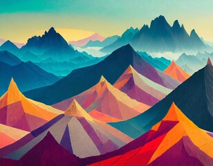 Collage with abstract landscape colorful hills and mountains.
