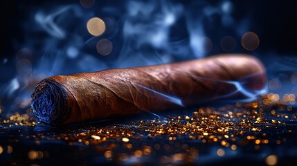 Smoldering Cigar on a Sparkling Background - obrazy, fototapety, plakaty