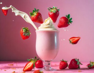 Splashing strawberry yogurt with fresh fruit.