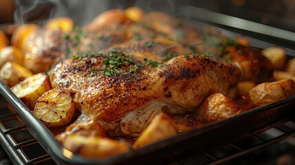 Succulent Roasted Chicken with Herbs and Potatoes on a Tray