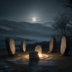 An ancient stone circle bathed in moonlight, with mysterious runes carved into the weathered stones1 - obrazy, fototapety, plakaty