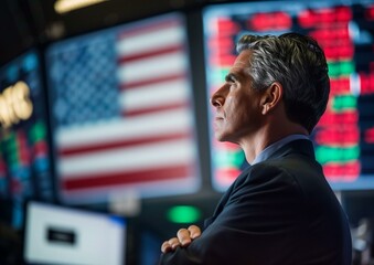 Confident Businessman in Suit Contemplating in Front of Stock Market Screens - obrazy, fototapety, plakaty